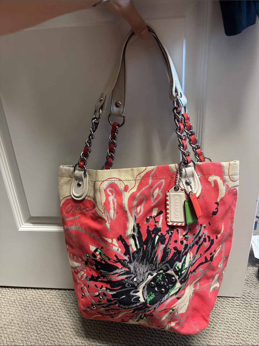 Coach Coral and Cream Floral Canvas Tote with Chain-Detail Straps
